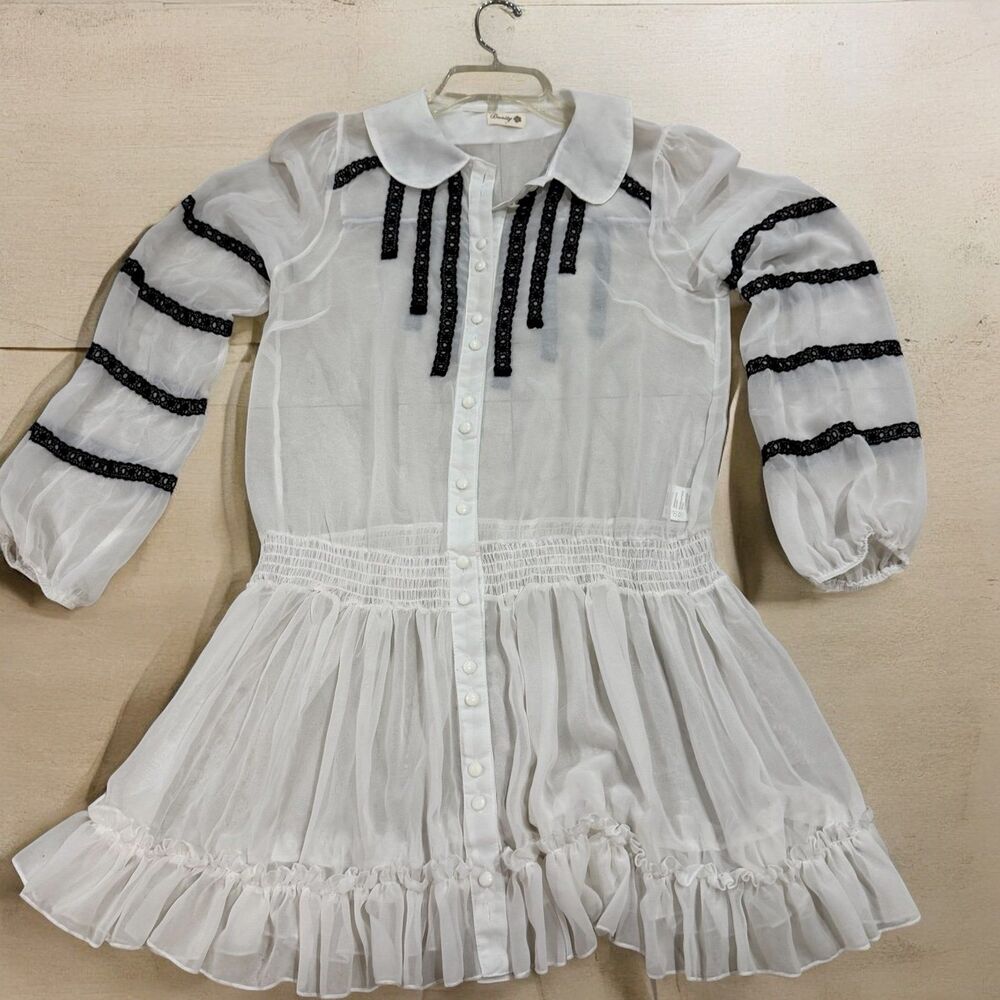 Danity White Sheer Blouse Black Lace Peter Pan Collar Long Sleeve Size L